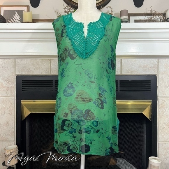 Language for Anthropologie Beautiful Silk Green Tunic Top with Crochet Elements. - Picture 1 of 11
